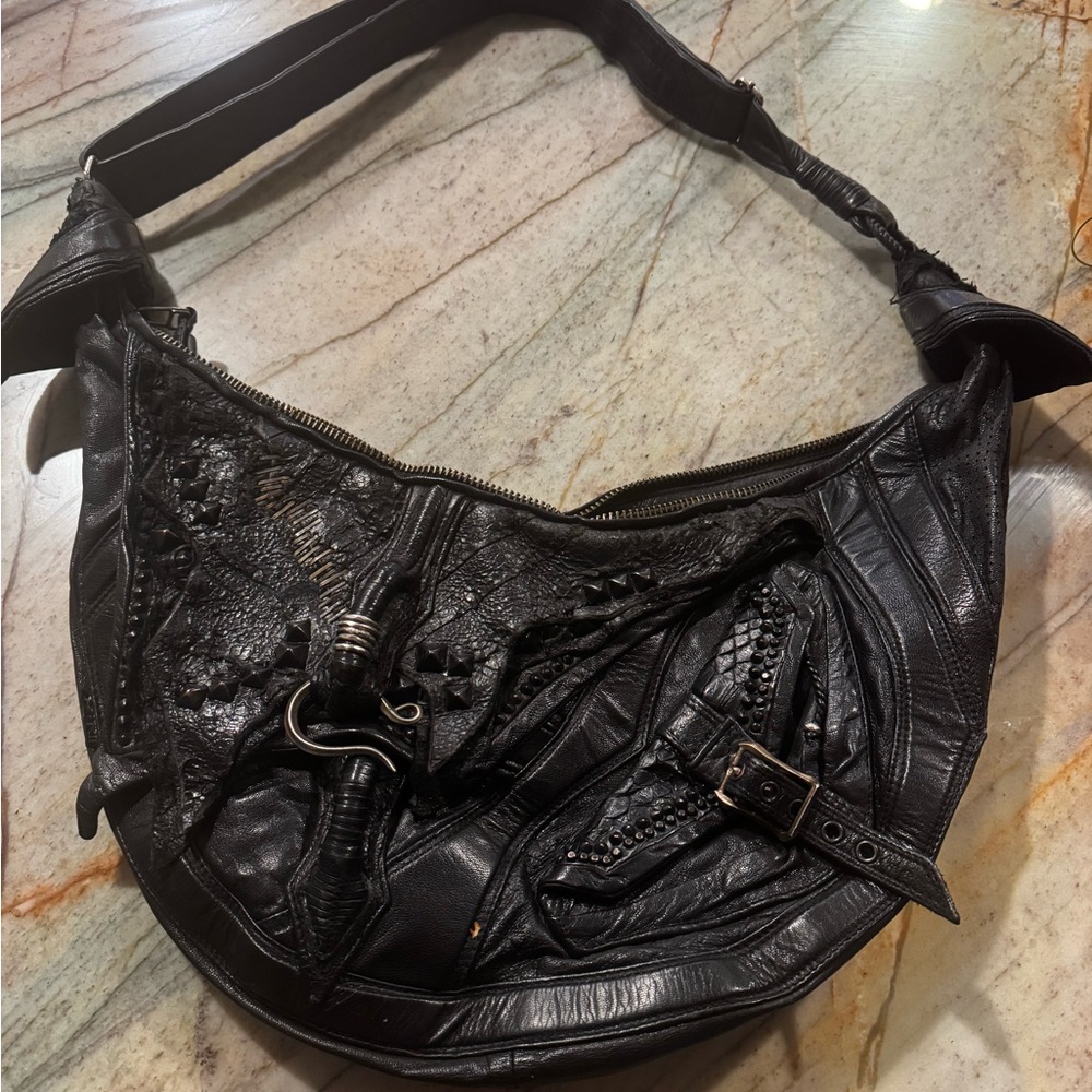 Kmrii Black Leather Studded  Crossbody Bag – Avant-Garde Japanese Design